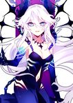  athria black_dress black_gloves blue_eyes diabla_(elsword) dress elbow_gloves elsword gloves highres horns jewelry long_hair looking_at_viewer luciela_r._sourcream navel_cutout necklace smile solo spikes white_hair 