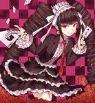  asle bell_earrings black_hair black_nails blush card celestia_ludenberck closed_mouth danganronpa danganronpa_1 drill_hair earrings eyebrows_visible_through_hair flower gothic_lolita holding holding_card jewelry lolita_fashion long_hair looking_at_viewer nail_polish necktie playing_card red_eyes red_flower red_neckwear red_rose rose smile solo twin_drills 