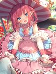  :d absurdres alternate_costume day dress earrings elizabeth_bathory_(fate) elizabeth_bathory_(fate)_(all) fang fate/extra fate/extra_ccc fate_(series) flower frilled_dress frills green_eyes hat hat_flower head_tilt highres jewelry layered_dress looking_at_viewer open_mouth outdoors pink_dress pink_flower pink_hair pink_rose pointy_ears red_ribbon ribbon rose smile solo_focus striped striped_hat tail usamata wrist_cuffs 