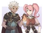  1girl boey_(fire_emblem) cape fire fire_emblem fire_emblem_echoes:_mou_hitori_no_eiyuuou fire_emblem_gaiden fireball gloves grin mae_(fire_emblem) magic pink_hair simple_background smile tan twintails white_hair yayster 