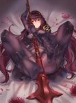  black_legwear blush bodystocking breasts brown_hair eyebrows_visible_through_hair fate/grand_order fate_(series) feet holding holding_spear holding_weapon kakumayu large_breasts long_hair looking_at_viewer lying on_back parted_lips polearm red_eyes scathach_(fate)_(all) scathach_(fate/grand_order) smile soles solo spear spread_legs weapon 