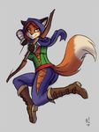  2017 action_pose anthro archer arm_wraps arrow bow_(weapon) breasts butt canine claws clothed clothing female fox fur hair heresy_(artist) holding_object holding_weapon hood jumping lilmothiit looking_at_viewer mammal ranged_weapon scarf simple_background skyrim smile solo the_elder_scrolls video_games weapon wraps 