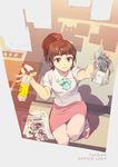  aqua_eyes brown_hair cleaning cleaning_windows highres newspaper office_lady office_lady_taiwan original pencil_skirt pink_skirt ponytail shirt short_sleeves skirt solo tennohi white_shirt 