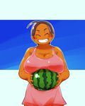  1girl eyes_closed grin huge_breasts simple_background solo squarewave tan watermelon 