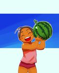  1girl child eyes_closed simple_background smile solo squarewave tan watermelon 