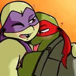  &lt;3 2017 anthro bandanna blush chipped_shell donatello_(tmnt) duo gradient_background green_eyes half-closed_eyes inkyfrog male male/male mask one_eye_closed open_mouth open_smile orange_background raphael_(tmnt) red_eyes reptile scalie shell simple_background smile teenage_mutant_ninja_turtles tongue tongue_out tooth_gap turtle 