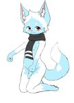  anthro blue_fur blush brown_eyes canine cub flaccid fox fur hi_res humanoid_penis kneeling ladouce male mammal nipples partially_retracted_foreskin penis scarf simple_background solo uncut white_background white_fur young 