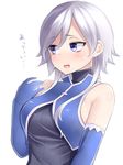  blue_eyes blush breasts commentary_request dress elbow_gloves gloves hair_between_eyes hand_up hot large_breasts looking_away neit_ni_sei open_mouth original short_hair_with_long_locks silver_hair sleeveless sleeveless_dress solo sweat translated upper_body white_background 