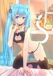  absurdres animal_ears bed bell bell_choker black_legwear black_panties blue_eyes blue_hair cat_cutout cat_ear_panties cat_ears cat_lingerie cat_tail choker curtains hatsune_miku highres jingle_bell long_hair meme_attire menghuan_tian panties plant potted_plant solo tail tail_bell thighhighs twintails underwear very_long_hair vocaloid window 