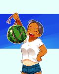  1girl eyes_closed simple_background small_breasts smile solo squarewave tan watermelon 