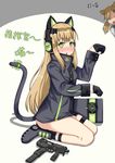  animal_ears blonde_hair blush brown_hair cat_ears cat_tail earphones girls_frontline gloves green_eyes gun hei_yan highres idw_(girls_frontline) long_coat looking_at_viewer multiple_girls paw_pose sitting steyr_tmp submachine_gun tail tmp_(girls_frontline) weapon 