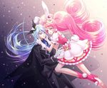  1girl animal_ears black_pants black_shirt blue_hair bunny_ears cake_hair_ornament choker colored_eyelashes extra_ears eye_contact food_themed_hair_ornament gloves grey_background hair_ornament hairband julio_(precure) kirakira_precure_a_la_mode lady_y long_hair looking_at_another pants pink_choker pink_eyes pink_footwear pink_hair pink_hairband precure shirt shoes skirt sparkle twintails usami_ichika white_gloves white_skirt 