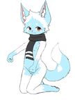  anthro blue_fur blush brown_eyes canine cub fox fur hi_res kneeling ladouce male mammal nipples scarf simple_background solo white_background white_fur young 