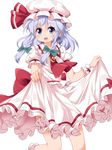  :d ascot blue_eyes bow braid brooch cosplay frilled_skirt frills hair_bow hat hat_ribbon izayoi_sakuya izayoi_sakuya_(cosplay) jewelry long_hair looking_at_viewer mob_cap open_mouth puffy_short_sleeves puffy_sleeves remilia_scarlet ribbon ruu_(tksymkw) short_sleeves silver_hair simple_background skirt skirt_hold skirt_set smile solo touhou twin_braids white_background white_skirt wrist_cuffs 