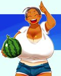  1girl eyes_closed gigantic_breasts simple_background smile solo squarewave tan watermelon 