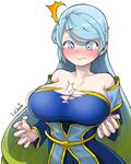  artist_name blue_eyes blue_hair blush breasts bursting_breasts cleavage dress gradient_hair hair_down huge_breasts league_of_legends lolboja long_hair multicolored_hair signature sona_buvelle strapless strapless_dress tearing_clothes tears torn_clothes very_long_hair wide-eyed 