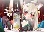  animal_ears arm_support bell black_gloves black_legwear black_leotard blush box brown_hair cat_ears center_opening elbow_gloves fake_animal_ears fate/kaleid_liner_prisma_illya fate_(series) flat_chest gift gift_box gloves hair_ornament illyasviel_von_einzbern jingle_bell leg_up leotard long_hair lying magical_ruby on_stomach paw_gloves paw_shoes paws red_eyes ribbon shirosuzu shoes smile thighhighs 
