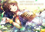  blush book brown_eyes brown_hair character_name dated dress field flower flower_field hair_ornament happy_birthday idolmaster idolmaster_cinderella_girls long_hair lying ment on_back photo_(object) smile solo strapless takamori_aiko white_dress 