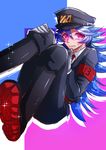  1boy artist_request bangs black_boots black_jacket black_pants blue_hair boots closed_mouth crying eyebrows_visible_through_hair gloves hat jacket long_sleeves looking_at_viewer male_focus nanbaka necktie pants peaked_cap pink_eyes red_necktie shiny shiny_clothes shiny_hair shoes sitting solo sparkle sweat tanabata_seitarou tears uniform very_long_hair wavy_mouth white_gloves 