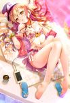  barefoot bikini blush brown_eyes brown_hair cafe-chan_to_break_time cafe_(cafe-chan_to_break_time) cellphone commentary_request earphones long_hair looking_at_viewer lying on_back phone poolside porurin sandals sandals_removed shoes_removed smartphone solo swimsuit 