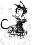  animal_ear_fluff animal_ears bangs bare_arms bare_shoulders black_dress black_hair breasts cat_ears cat_tail choker collarbone contrapposto cowboy_shot dress highres jaco layered_dress looking_down monochrome off-shoulder_dress off_shoulder open_mouth original short_hair simple_background slit_pupils small_breasts solo splashing spot_color standing tail water water_drop white_background yellow_eyes 