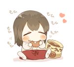  =_= akagi_(kantai_collection) bag black_hair chibi closed_eyes commentary_request doughnut eating food food_on_face hakama heart ina_(1813576) japanese_clothes kantai_collection kimono long_hair paper_bag red_hakama shadow simple_background sitting solo white_background white_legwear 