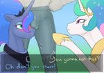  2017 arareroll blush bulge clothed clothing english_text equine faceless_male feral friendship_is_magic group hair horn male mammal multicolored_hair my_little_pony penis_outline princess_luna_(mlp) text unicorn 