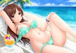  areola_slip areolae beach bikini blush breasts brown_eyes brown_hair commentary_request day drink eyebrows_visible_through_hair idolmaster idolmaster_cinderella_girls jewelry long_hair looking_at_viewer lying medium_breasts navel necklace nitta_minami ocean on_back ozaki_mirai shore solo sparkle swimsuit tropical_drink 