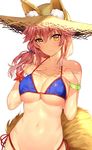  animal_ears bikini blue_bikini blush bracelet breasts cleavage commentary_request ears_through_headwear fate/extra fate/grand_order fate_(series) fox_ears fox_tail hat jewelry large_breasts long_hair looking_at_viewer low_tied_hair matarou_(genkai_toppa) navel pink_hair side-tie_bikini side_ponytail smile solo straw_hat sun_hat swimsuit tail tamamo_(fate)_(all) tamamo_no_mae_(fate) tamamo_no_mae_(swimsuit_lancer)_(fate) underboob yellow_eyes 