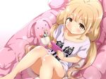  bean_bag_chair blonde_hair bottomless brown_eyes candy cellphone closed_mouth clothes_writing food futaba_anzu idolmaster idolmaster_cinderella_girls lollipop long_hair looking_at_viewer low_twintails no_panties ookanehira phone shirt short_sleeves sitting smile solo stuffed_animal stuffed_bunny stuffed_toy t-shirt twintails you_work_you_lose 