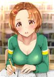  blush bookshelf breasts brown_eyes brown_hair chair cleavage commentary_request hair_ornament hairclip idolmaster idolmaster_cinderella_girls indoors large_breasts library looking_at_viewer notebook older open_mouth pen ryuuzaki_kaoru sg_(esujii) short_hair sitting solo table upper_body 