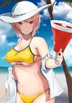  bikini breasts chaldea_lifesavers commentary_request cowboy_shot fate/grand_order fate_(series) florence_nightingale_(fate/grand_order) hat highres large_breasts long_hair megaphone nanakaku pink_hair red_eyes smile solo sun_hat swimsuit underboob 