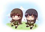  bangs black_hair black_neckwear blunt_bangs bottle braid brown_eyes brown_hair chibi eating food full_body grass green_sailor_collar green_serafuku green_skirt heart heart-shaped_pupils hill juice_box kantai_collection kihou_no_gotoku_dmc kitakami_(kantai_collection) long_hair multiple_girls neckerchief onigiri ooi_(kantai_collection) sailor_collar school_uniform serafuku sidelocks single_braid sitting skirt symbol-shaped_pupils 