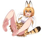  animal_ears bare_shoulders barefoot blonde_hair bow bowtie commentary_request elbow_gloves fang feet full_body gloves happy high-waist_skirt kemono_friends open_mouth satou_(su9arsatou) serval_(kemono_friends) serval_ears serval_print serval_tail shirt short_hair simple_background skirt sleeveless sleeveless_shirt smile soles solo tail toes white_background yellow_eyes 