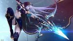  adapted_costume arrow ashe_(league_of_legends) black_panties blue_eyes bow_(weapon) breasts bustier cape cloak drawing_bow highres hood large_breasts league_of_legends lee_jung_hun leg_up long_hair midriff panties pantyshot signature solo thighhighs underwear weapon white_hair zettai_ryouiki 