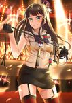  absurdres bangs black_gloves black_hair black_skirt blue_bow blue_neckwear bow bowtie commentary_request crown facial_mark garter_straps gloves glowstick green_eyes grin hair_ornament hairpin half_gloves highres holding_whip kurosawa_dia lace-trimmed_bow long_hair looking_at_viewer love_live! love_live!_school_idol_festival love_live!_sunshine!! mini_crown miniskirt mole mole_under_mouth shaka_(staito0515) skirt sleeveless smile solo stage_lights striped striped_bow striped_legwear striped_neckwear suspender_skirt suspenders thighhighs vertical-striped_legwear vertical_stripes whip 