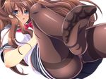  1girl blue_eyes blush brown_hair feet hair_ornament long_hair no_shoes one_leg_raised pantyhose pantyshot parted_lips pov pov_feet serafuku soles toes transparent_background 