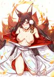  akagi_(azur_lane) animal_ears azur_lane black_hair blush breasts cleavage fox_ears fox_tail japanese_clothes kimono kitsune large_breasts long_hair looking_at_viewer multiple_tails nipples open_clothes open_kimono red_eyes saber_01 smile solo sweat tail 
