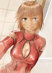  blush breasts brown_eyes brown_hair cleavage closed_mouth dark_skin eyebrows_visible_through_hair highres kilye_4421 large_breasts looking_at_viewer original short_hair smile solo steam upper_body 