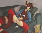 anthro balls blue_eyes bottomless brown_fur casual_nudity clothed clothing eyewear flaccid fur goggles humanoid_penis male mammal navel nipples nude open_jacket penis phone pillow playstation_4 red_fur red_panda sicklyhypnos sitting sofa solo timburrs white_fur 