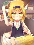  :&lt; animal_ears blonde_hair blush bookshelf bow brush commentary crr_w9kd eyebrows_visible_through_hair flower fox_ears fox_tail hair_bow hand_on_ear looking_at_viewer original short_hair sleeveless solo tail tail_brushing yellow_eyes 