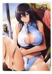  absurdres ahoge bangs bare_arms bare_legs bare_shoulders barefoot beach beach_towel beach_umbrella black_hair blue_swimsuit blush breasts can chair cleavage cleavage_cutout closed_mouth day eyebrows_visible_through_hair fingernails groin hair_between_eyes hand_on_own_stomach highres huge_breasts knee_up kotora_(toranoana) long_hair looking_at_viewer lounge_chair navel non-web_source nose_blush orico outdoors polka_dot polka_dot_towel purple_eyes scan sitting soda_can solo swimsuit table toranoana towel umbrella water wet wet_hair zipper 