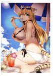  ;&lt; absurdres animal_ears arms_up ass ball bangs barefoot beachball bikini blonde_hair breast_hold breasts brown_hair cat_ears cherry cleavage cloud crazy_straw day drinking_straw eyebrows_visible_through_hair eyewear_removed feet food fruit glass glasses green_eyes hair_between_eyes highres holding ichitaka large_breasts licking long_hair looking_at_viewer multicolored_umbrella multiple_girls non-web_source sandals sandals_removed scan short_hair sky soles solo_focus sun swimsuit tail tongue tongue_out toranoana tossing tropical_drink umbrella white_bikini yellow_bikini 