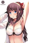  absurdres arm_up armpits artist_name blue_eyes bra breasts brown_hair cleavage english eyebrows_visible_through_hair hair_ribbon hair_tie hair_tie_in_mouth head_tilt highres lace lace-trimmed_bra large_breasts long_hair looking_at_viewer mole mole_on_breast mouth_hold new_game! oikawa_sakura ponytail red_ribbon ribbon shirt solo sweat takimoto_hifumi underwear undressing upper_body white_background white_bra white_shirt 