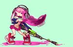  aqua_background artist_name bangs blazer blue_jacket brown_sweater cross-laced_footwear domino_mask dress_shirt full_body gun headphones hero_charger_(splatoon) holding holding_gun holding_weapon inkling jacket long_hair looking_to_the_side mask miniskirt necktie one_eye_closed open_blazer open_clothes open_jacket paint_splatter pani_spla parted_lips pink_eyes pink_hair plaid plaid_neckwear plaid_skirt pleated_skirt purple_neckwear purple_skirt red_footwear school_uniform shirt shoes signature simple_background skirt sneakers solo splatoon_(series) standing sweater tentacle_hair v-neck weapon white_shirt 