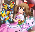  alternate_costume beautifly bow brown_hair clothed_pokemon dress gen_1_pokemon gen_3_pokemon hair_bow haruka_(pokemon) indoors legendary_pokemon mew pikachu pink_dress pokemoa pokemon pokemon_(anime) pokemon_(creature) pokemon_m08 puffy_short_sleeves puffy_sleeves short_sleeves smile 