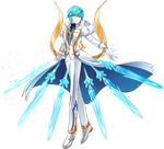  ainchase_ishmael arme_thaumaturgy_(elsword) blue_eyes blue_hair coat elsword energy_sword expressionless full_body gloves male_focus metal_wings multiple_swords official_art shoes solo sword transparent_background weapon wings 