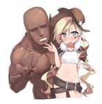  1girl belt beltskirt blonde_hair blue_eyes blush bow clothed_female_nude_male colt_m1873_(girls_frontline) condom condom_in_mouth condom_wrapper cowboy_hat cropped_legs dark_skin dark_skinned_male epaulettes eyebrows_visible_through_hair fur_trim girls_frontline grin groin hair_bow hand_on_another's_shoulder hat highres kylin long_hair low_twintails mouth_hold muscle navel nude shirt simple_background sleeveless smile star star_tattoo tattoo tied_shirt twintails v very_long_hair wavy_hair white_background 