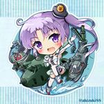  :d ahoge aircraft airplane akitsushima_(kantai_collection) anchor_hair_ornament armpits chibi commentary_request flying_boat gloves h8k hair_ornament hair_ribbon kakudate_akizuki kantai_collection long_hair looking_at_viewer machinery nishikitaitei-chan open_mouth purple_eyes purple_hair ribbon side_ponytail smile turret twitter_username white_gloves 