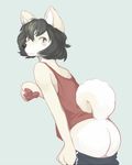  black_hair blush brown_eyes butt canine clothing dog fawnsdraws fur hair looking_back male mammal pawpads shirt shorts simple_background solo tank_top undressing white_fur 